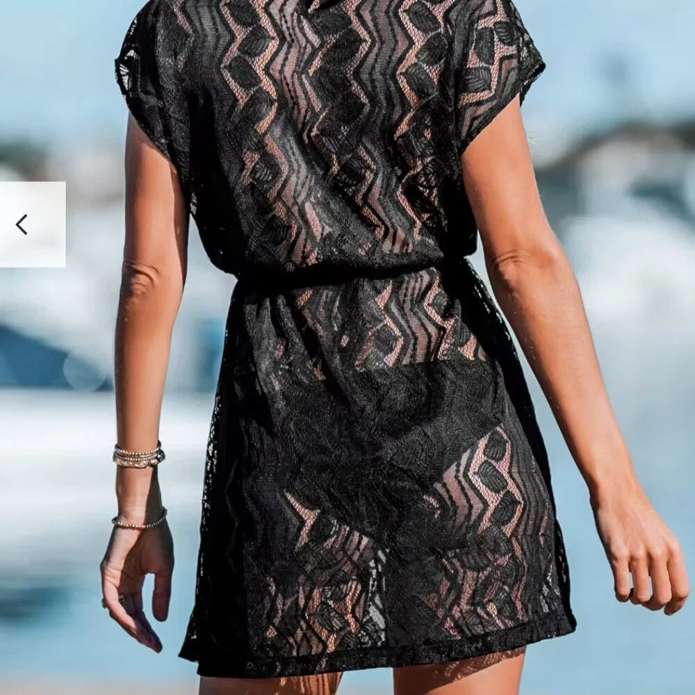 Cupshe Crochet Drawstring Cover-Up Dress~Black Medium - Picture 5 of 9